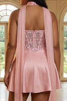 Load image into Gallery viewer, Sparkly Pink Satin A Line Appliqued Short Corset Prom Dress with Sequins