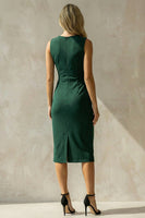 Load image into Gallery viewer, Dark Green Round Neck Ruched Midi Pencil Work Dress with Slit