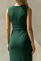 Load image into Gallery viewer, Dark Green Round Neck Ruched Midi Pencil Work Dress with Slit