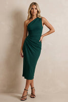 Load image into Gallery viewer, Dark Green One Shoulder Midi Ruched Pencil Work Dress