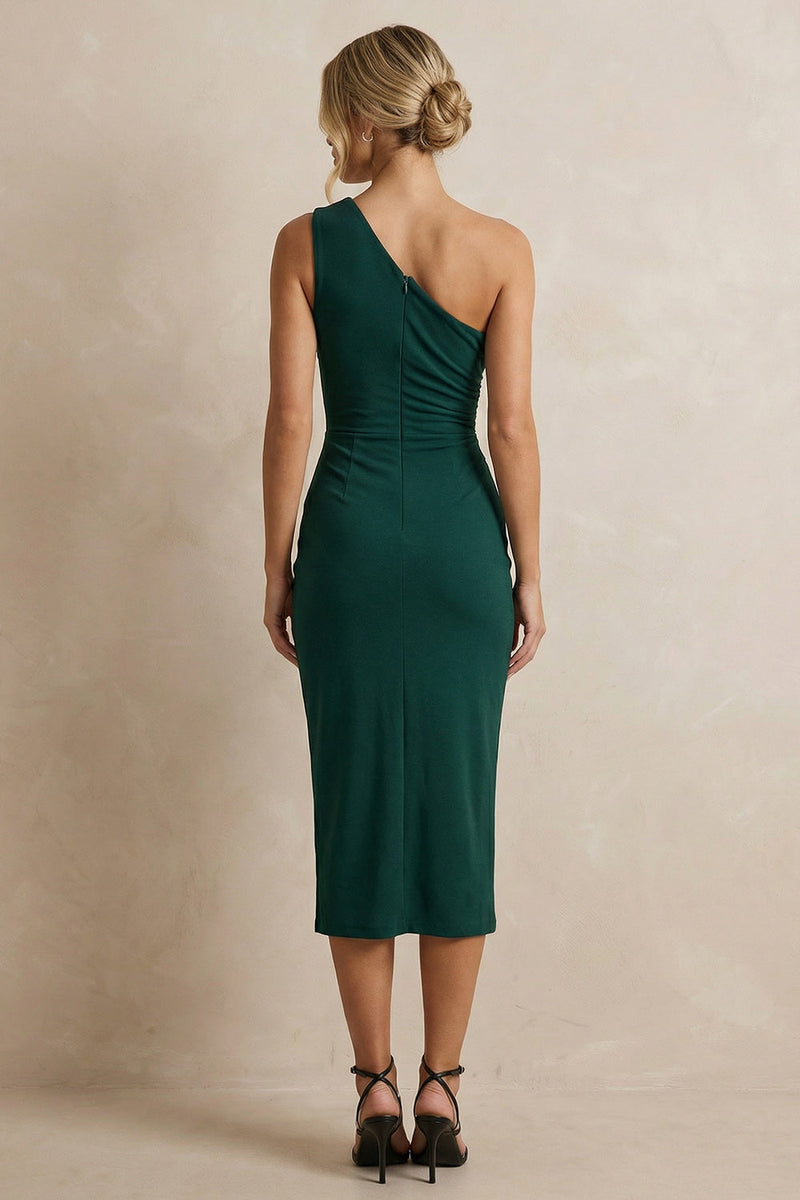 Load image into Gallery viewer, Dark Green One Shoulder Midi Ruched Pencil Work Dress