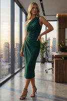 Load image into Gallery viewer, Dark Green One Shoulder Midi Ruched Pencil Work Dress