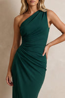 Load image into Gallery viewer, Dark Green One Shoulder Midi Ruched Pencil Work Dress