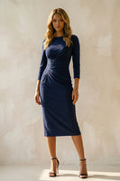 Load image into Gallery viewer, Navy Ruched Round Neck Midi Bodycon Work Dress with Sleeves