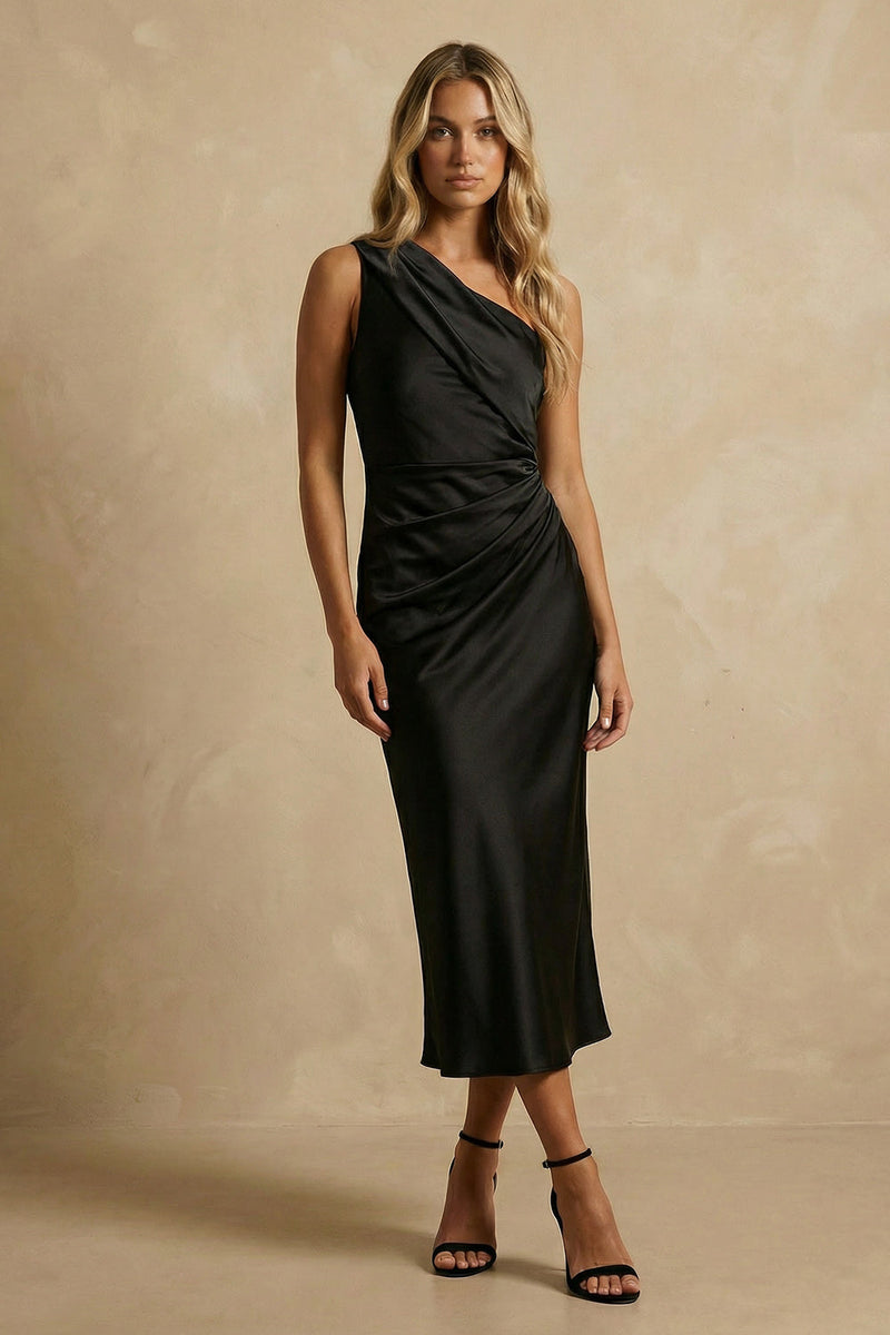 Load image into Gallery viewer, Black Satin Ruched Bodycon One Shoulder Midi Work Dress