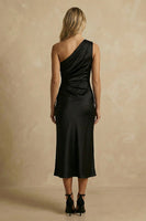 Load image into Gallery viewer, Black Satin Ruched Bodycon One Shoulder Midi Work Dress