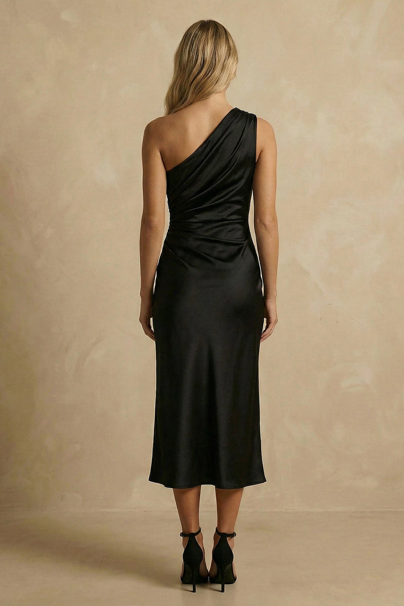 Load image into Gallery viewer, Black Satin Ruched Bodycon One Shoulder Midi Work Dress