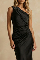 Load image into Gallery viewer, Black Satin Ruched Bodycon One Shoulder Midi Work Dress