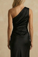 Load image into Gallery viewer, Black Satin Ruched Bodycon One Shoulder Midi Work Dress