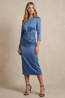 Load image into Gallery viewer, Twilight Satin Bodycon Round Neck Midi Work Dress with Slit