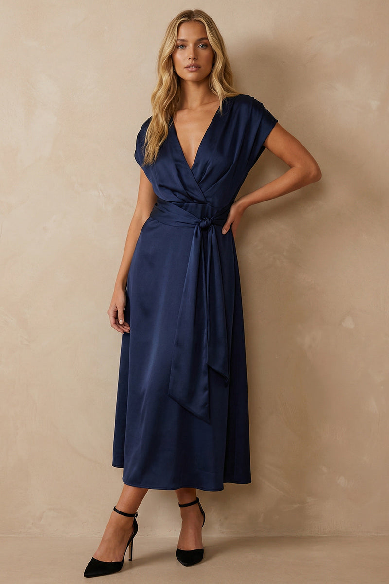 Load image into Gallery viewer, Navy Satin A Line V Neck Ankle Length Work Dress with Bow