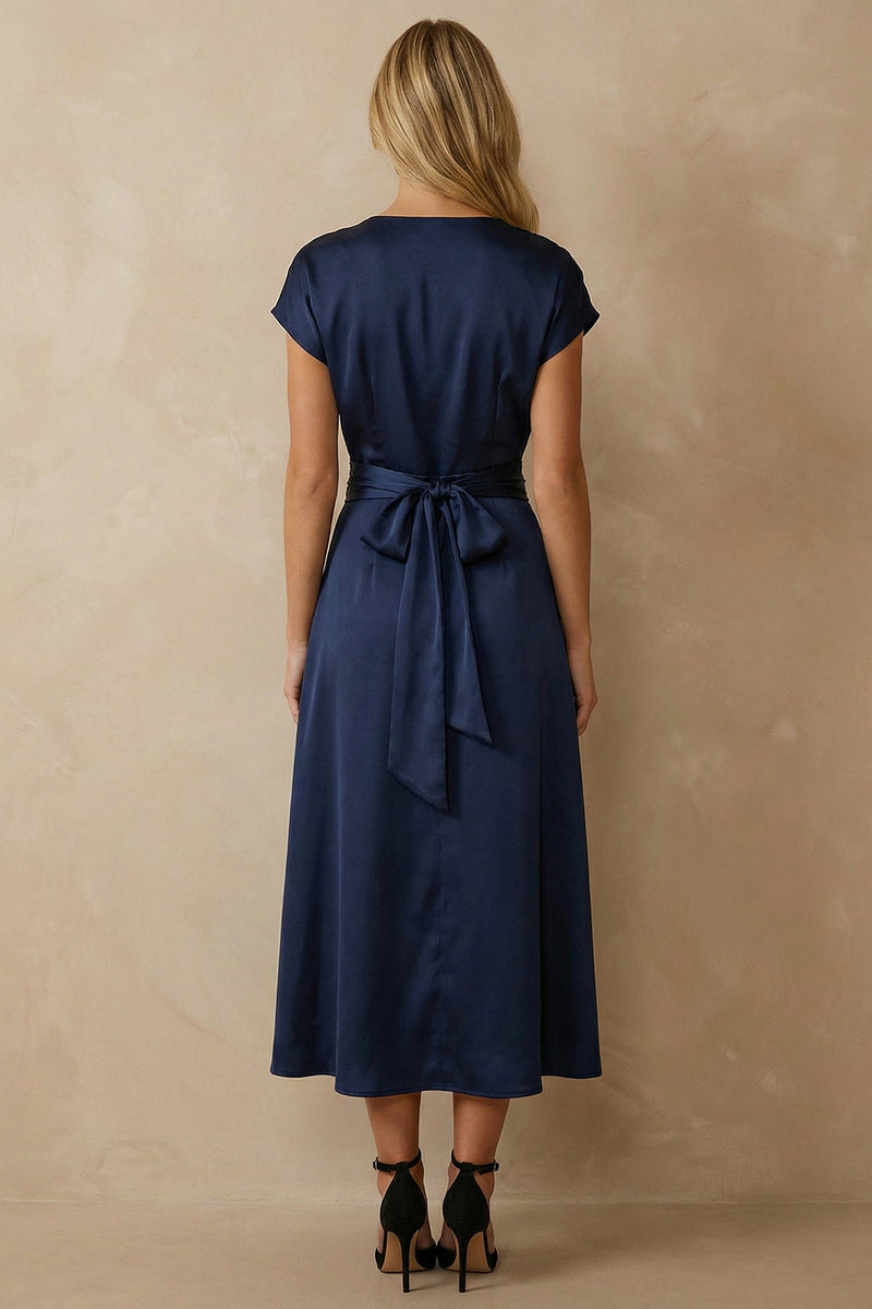 Load image into Gallery viewer, Navy Satin A Line V Neck Ankle Length Work Dress with Bow