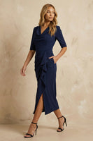 Load image into Gallery viewer, Dark Navy Ruffled Pencil Cowl Neck Ankle Length Work Dress with Slit