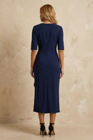 Load image into Gallery viewer, Dark Navy Ruffled Pencil Cowl Neck Ankle Length Work Dress with Slit
