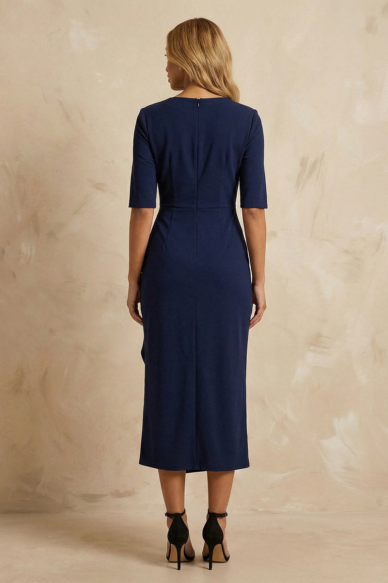 Load image into Gallery viewer, Dark Navy Ruffled Pencil Cowl Neck Ankle Length Work Dress with Slit