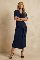 Load image into Gallery viewer, Dark Navy Ruffled Pencil Cowl Neck Ankle Length Work Dress with Slit
