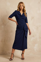 Load image into Gallery viewer, Dark Navy Ruffled Pencil Cowl Neck Ankle Length Work Dress with Slit