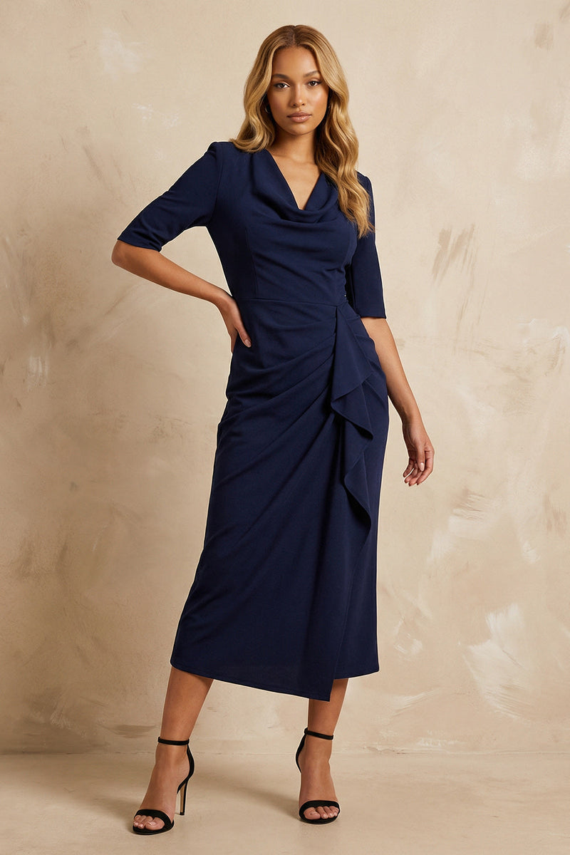 Load image into Gallery viewer, Dark Navy Ruffled Pencil Cowl Neck Ankle Length Work Dress with Slit