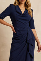Load image into Gallery viewer, Dark Navy Ruffled Pencil Cowl Neck Ankle Length Work Dress with Slit
