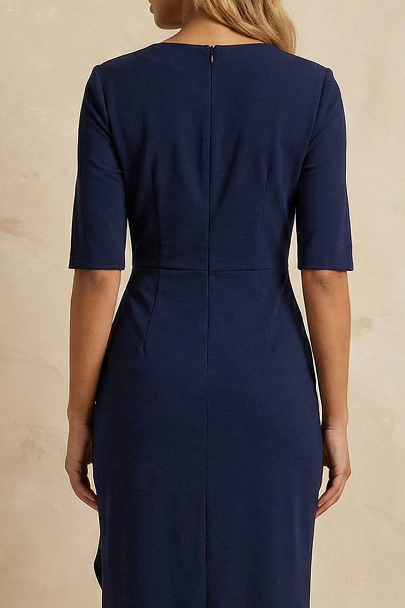 Load image into Gallery viewer, Dark Navy Ruffled Pencil Cowl Neck Ankle Length Work Dress with Slit