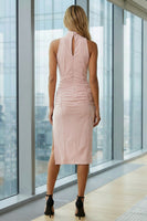 Load image into Gallery viewer, Pink Pencil High Neck Keyhole Ruched Midi Work Dress with Slit