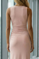 Load image into Gallery viewer, Pink Pencil Round Neck Midi Ruched Work Dress with Slit