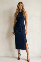 Load image into Gallery viewer, Navy Pencil Ruched Round Neck Midi Work Dress with Slit