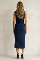 Load image into Gallery viewer, Navy Pencil Ruched Round Neck Midi Work Dress with Slit