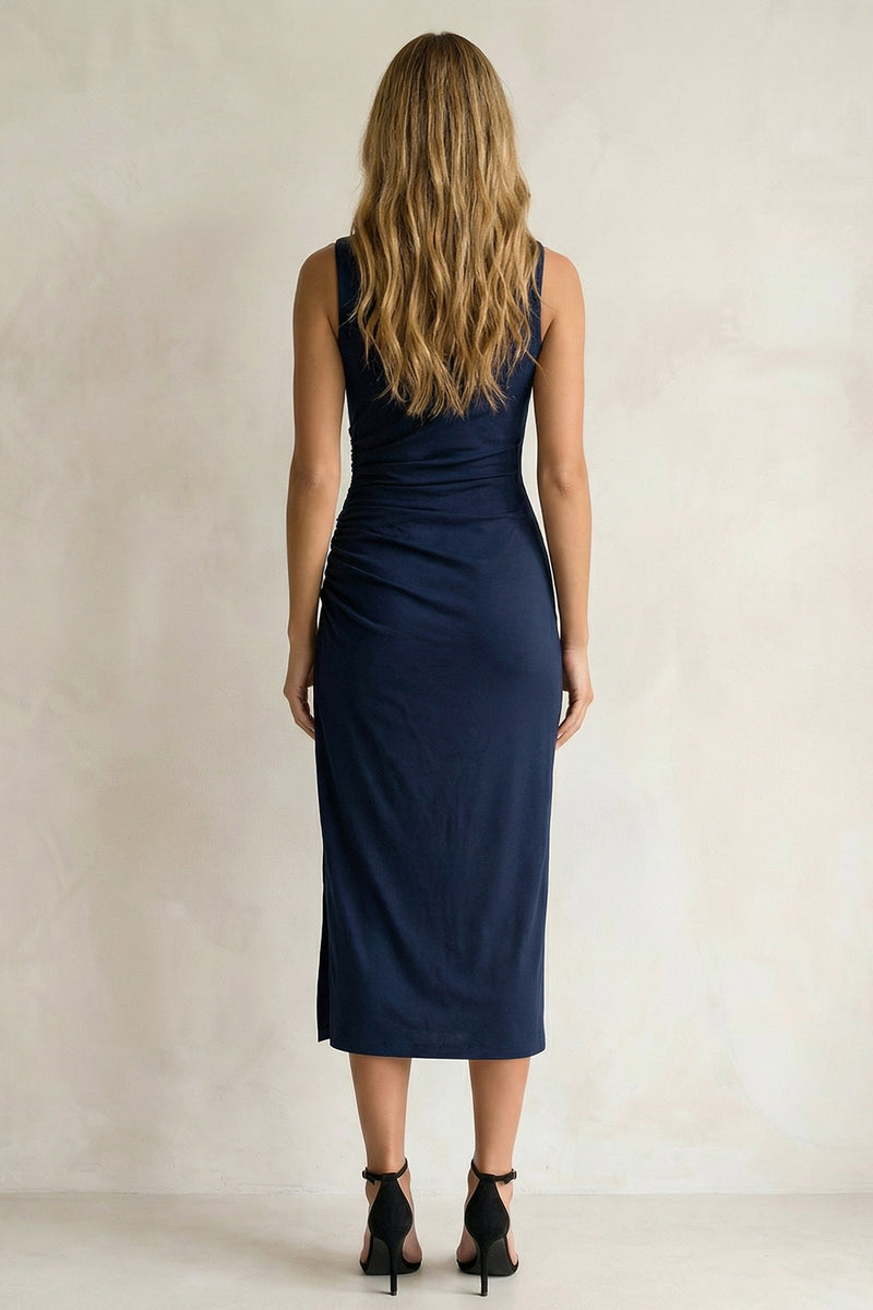 Load image into Gallery viewer, Navy Pencil Ruched Round Neck Midi Work Dress with Slit