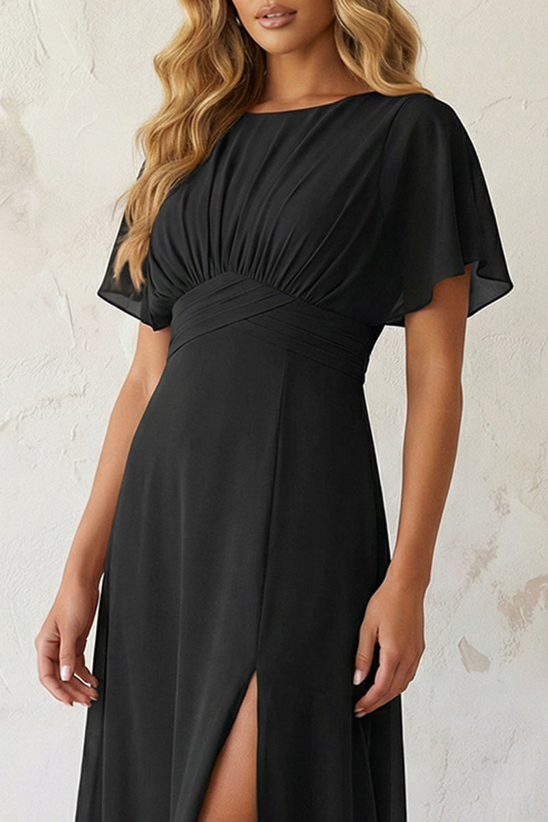 Load image into Gallery viewer, Black A Line Pleated Chiffon Midi Work Dress with Slit