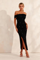 Load image into Gallery viewer, Sparkly Black Off the Shoulder Sheath Ankle Length Work Dress with Slit
