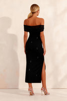 Load image into Gallery viewer, Sparkly Black Off the Shoulder Sheath Ankle Length Work Dress with Slit