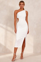 Load image into Gallery viewer, White Pencil Ruched One Shoulder Cut Out Midi Work Dress with Slit