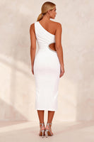 Load image into Gallery viewer, White Pencil Ruched One Shoulder Cut Out Midi Work Dress with Slit