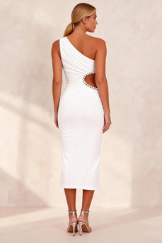 White Pencil Ruched One Shoulder Cut Out Midi Work Dress with Slit