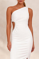Load image into Gallery viewer, White Pencil Ruched One Shoulder Cut Out Midi Work Dress with Slit