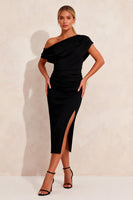 Load image into Gallery viewer, Black Pencil Asymmetrical Neck Midi Ruched Work Dress with Slit