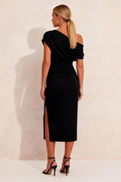 Load image into Gallery viewer, Black Pencil Asymmetrical Neck Midi Ruched Work Dress with Slit