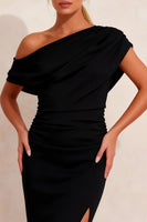 Load image into Gallery viewer, Black Pencil Asymmetrical Neck Midi Ruched Work Dress with Slit