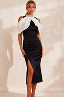 Load image into Gallery viewer, Black and White High Neck Sheath Cold Shoulder Midi Work Dress with Slit