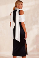 Load image into Gallery viewer, Black and White High Neck Sheath Cold Shoulder Midi Work Dress with Slit