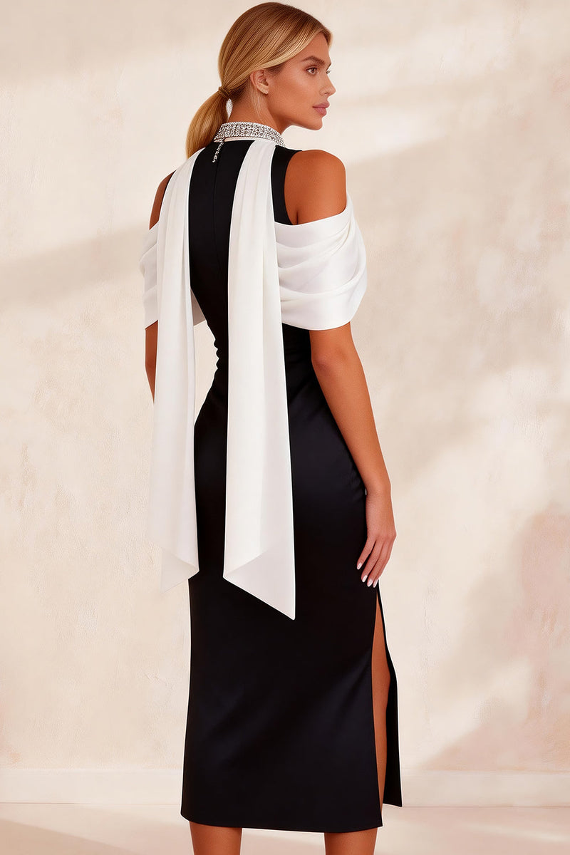 Load image into Gallery viewer, Black and White High Neck Sheath Cold Shoulder Midi Work Dress with Slit