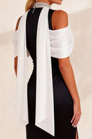 Load image into Gallery viewer, Black and White High Neck Sheath Cold Shoulder Midi Work Dress with Slit