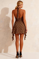 Load image into Gallery viewer, Khaki Leopard Halter Ruffled A Line Short Work Dress with Keyhole