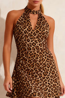 Load image into Gallery viewer, Khaki Leopard Halter Ruffled A Line Short Work Dress with Keyhole