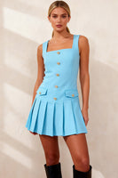 Load image into Gallery viewer, Sky Blue A Line Pleated Square Neck Short Work Dress with Buttons