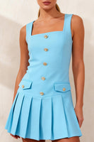 Load image into Gallery viewer, Sky Blue A Line Pleated Square Neck Short Work Dress with Buttons