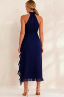 Load image into Gallery viewer, Navy Chiffon Ruffled Halter Ankle Length Work Dress with Slit