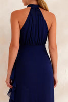 Load image into Gallery viewer, Navy Chiffon Ruffled Halter Ankle Length Work Dress with Slit