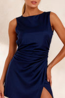 Load image into Gallery viewer, Navy Bateau Neck Short Ruched Work Dress with Slit